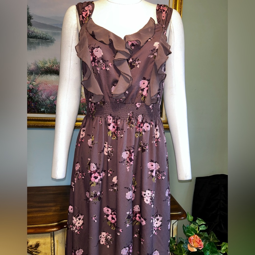 Lauren Conrad Long Pink Plum Purple Floral Chiffon Ruffle Sleeveless Maxi  Dress - Picture 5 of 9